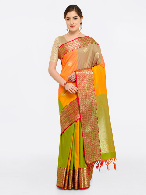 

Varkala Silk Sarees Green & Orange Silk Blend Colourblocked Kanjeevaram Saree