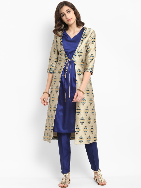 

Abhishti Women Beige & Blue Printed Brocade Ethnic Jacket