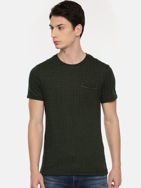 

Jack & Jones Men Olive Green Self-Design Slim Fit Round Neck T-shirt