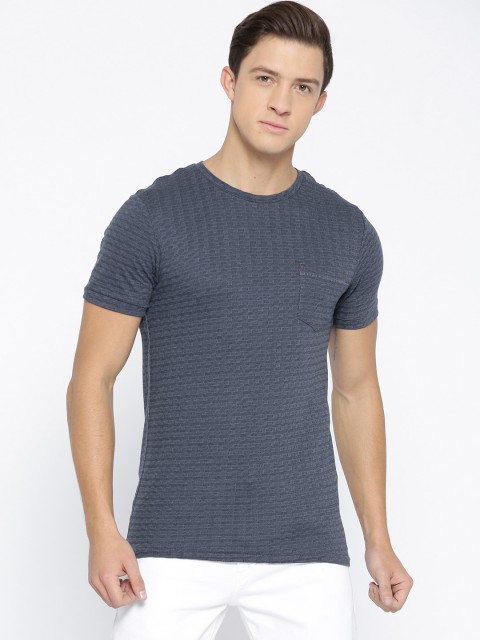 

Jack & Jones Men Blue Self Design Slim Fit Round Neck T-shirt