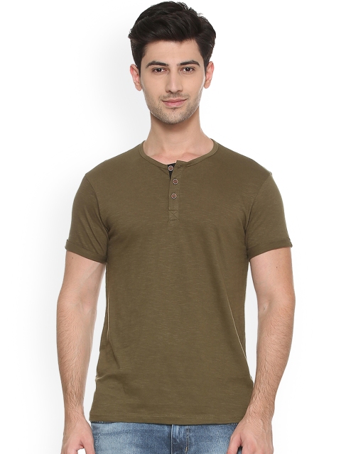 

People Men Olive Green Solid Henley Neck T-shirt