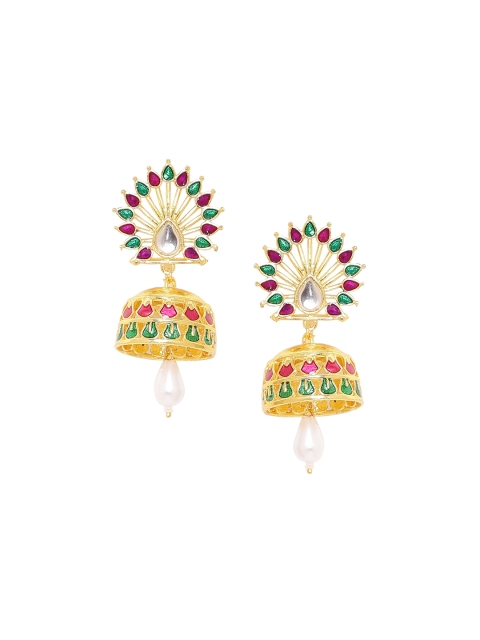 

Voylla Gold-Plated & Green Dome Shaped Jhumkas
