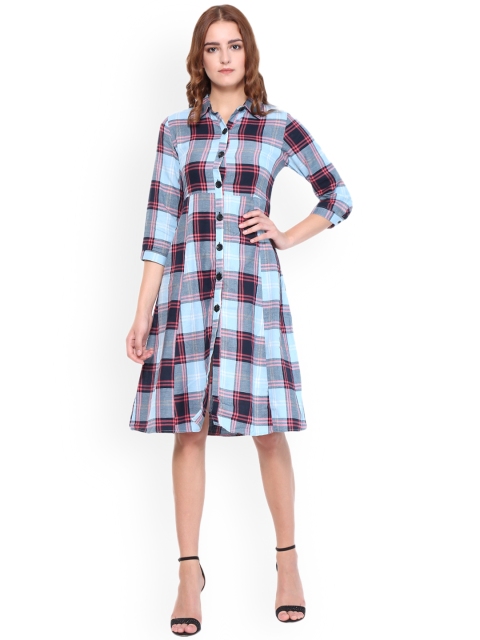 

Purple State Women Blue Checked Shirt Dress