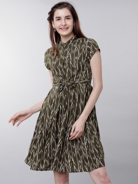 

Tokyo Talkies Women Olive Green Printed Fit and Flare Dress