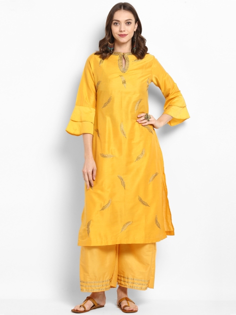 

Bhama Couture Women Yellow Embroidered Kurta with Palazzos