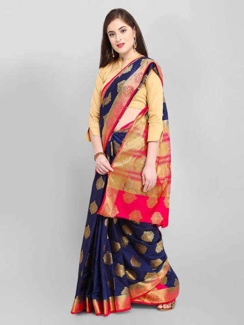 

Rajnandini Navy Blue & Pink Woven Design Kanjeevaram Saree