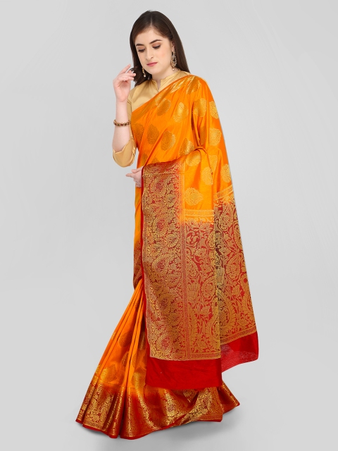 

Rajnandini Mustard & Red Silk Blend Woven Design Kanjeevaram Saree