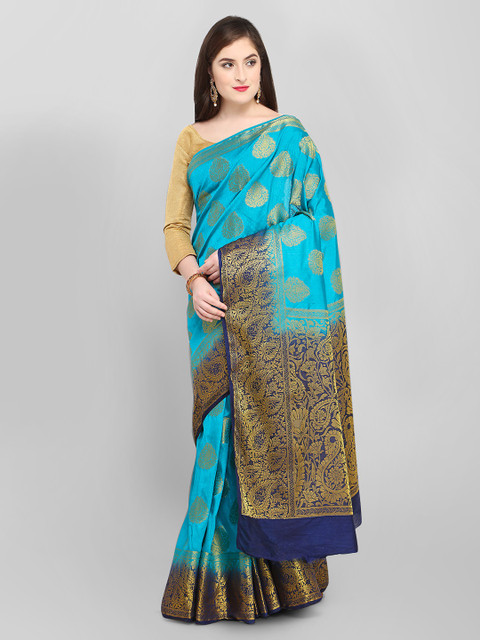 

Rajnandini Blue & Navy Blue Silk Blend Woven Design Kanjeevaram Saree