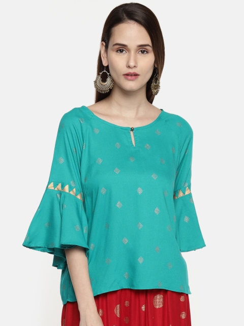

AKKRITI BY PANTALOONS Women Sea Green Printed A-Line Top