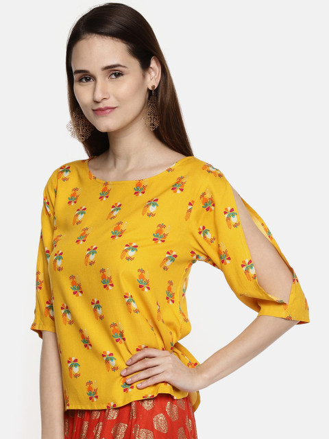 

AKKRITI BY PANTALOONS Women Mustard Yellow Printed A-Line Top
