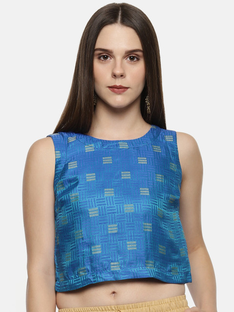 

AKKRITI BY PANTALOONS Teal Blue Self Design Pure Cotton Top