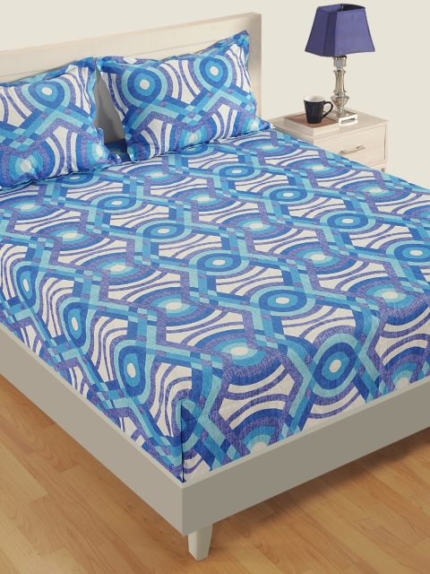

SWAYAM Blue & Off-White Abstract Fitted 160 TC Cotton Double Bedsheet with Pillow Covers
