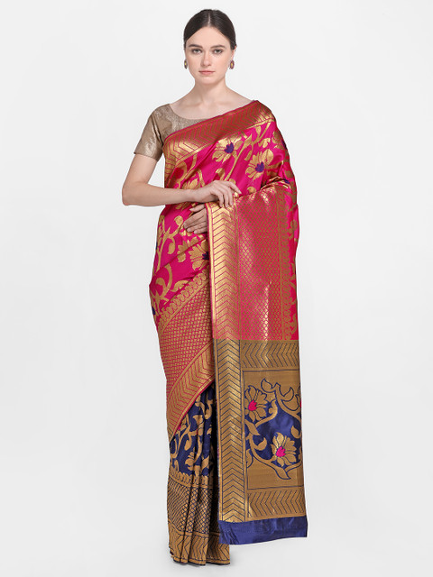 

Satrani Pink & Navy Blue Poly Silk Woven Design Kanjeevaram Saree