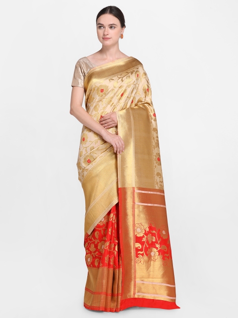 

Satrani Cream-Coloured & Orange Poly Silk Woven Design Kanjeevaram Saree