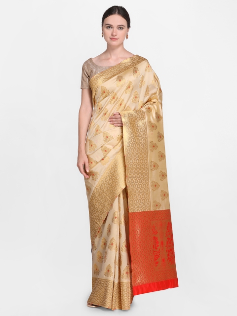 

Satrani Cream-Coloured & Orange Poly Silk Woven Design Kanjeevaram Saree