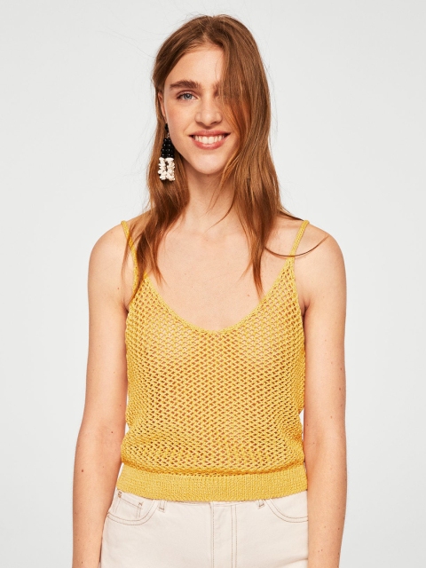 

MANGO Women Mustard Yellow Self Design Semi-Sheer Top