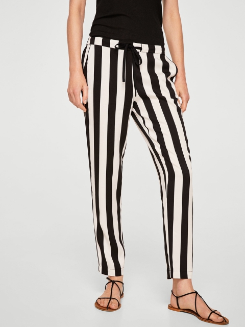 

MANGO Women Black & White Regular Fit Striped Trousers