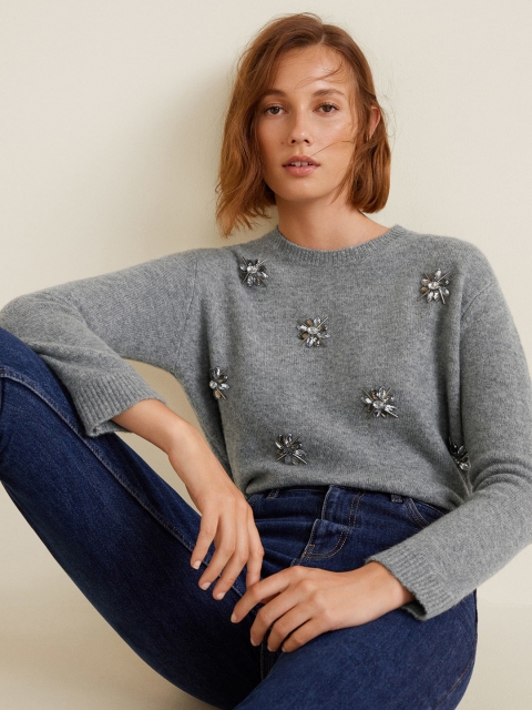 

MANGO Women Grey Melange Embellished Pullover