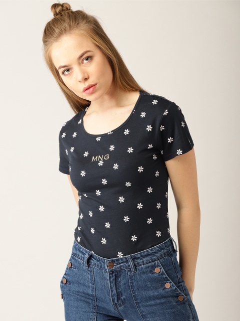 

MANGO Women Navy Blue & White Printed T-shirt