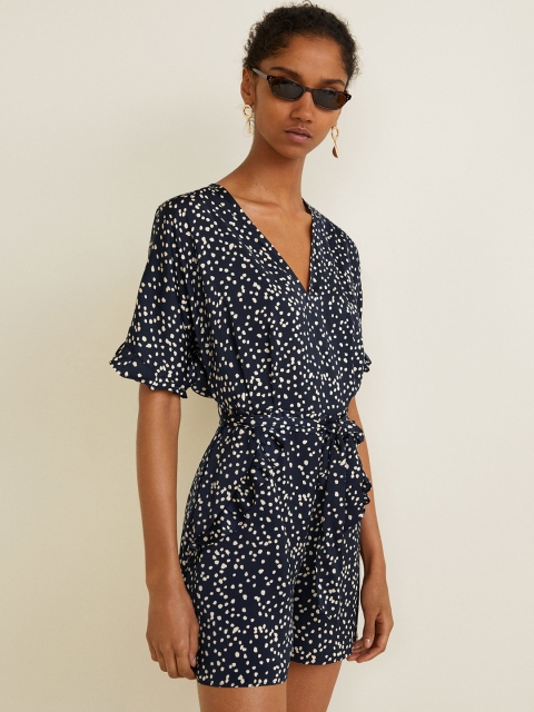 

MANGO Navy Blue & Beige Printed Playsuit