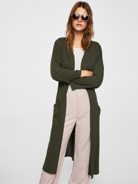 

MANGO Olive Green Self-Striped Open Front Longline Shrug