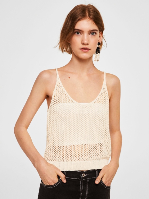 

MANGO Women Off-White Self-Design Sheer Top