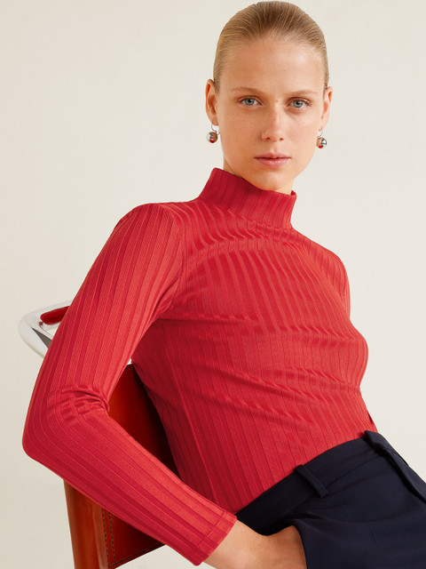 

MANGO Women Red Self-Striped High Neck T-shirt