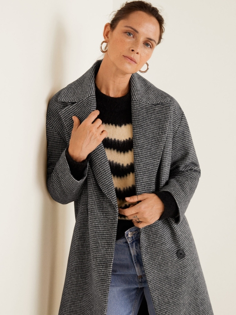 

MANGO Women Grey Checked Double Breasted Longline Overcoat