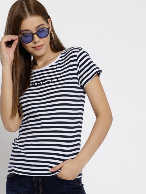 

MANGO Women Navy Blue Striped Round Neck T-shirt