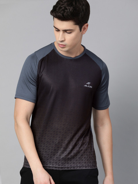 

Alcis Men Black Grey Printed Round Neck Running Pure Cotton T-shirt