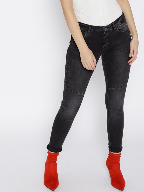 

MANGO Women Black Skinny Fit Mid-Rise Low Distress Stretchable Jeans