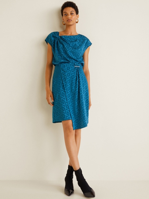 

MANGO Women Blue Self-Design Layered Pencil Skirt
