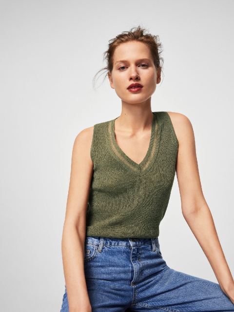 

MANGO Women Olive Green Solid Top