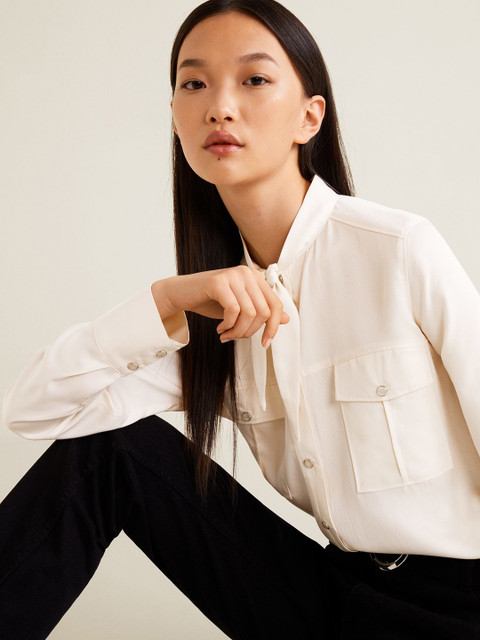 

MANGO Women Cream-Coloured Solid Shirt Style Top