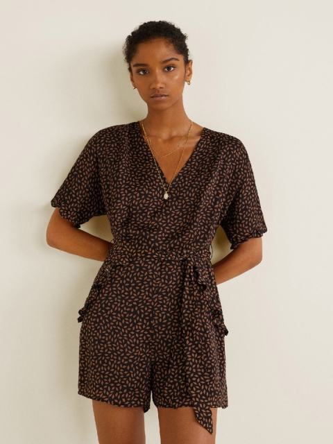 

MANGO Navy Blue & Beige Printed Playsuit
