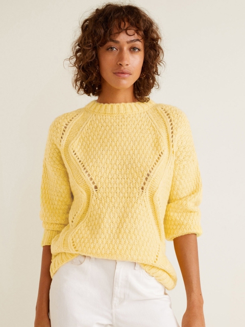 

MANGO Women Yellow Self Design Pullover