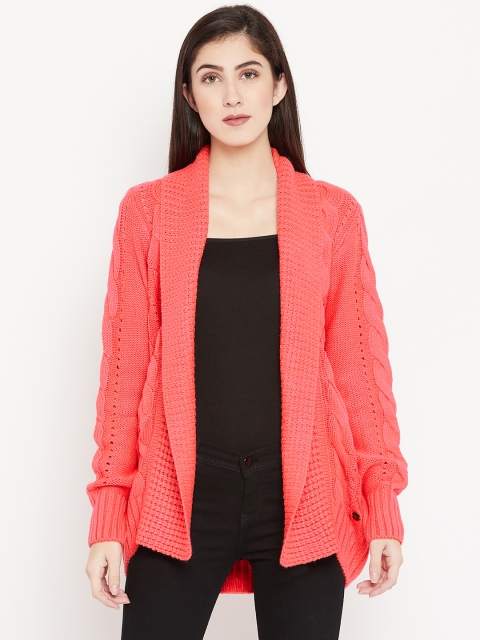 

Cayman Women Coral Orange Self-Design Woollen Front-Open Cardigan