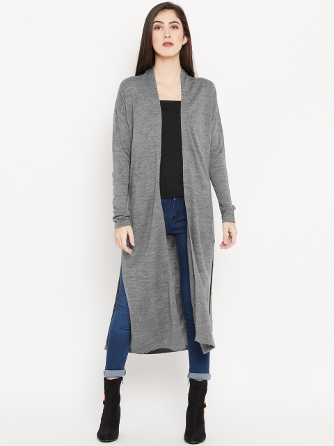 

Cayman Grey Melange Solid Woollen Longline Open Front Shrug