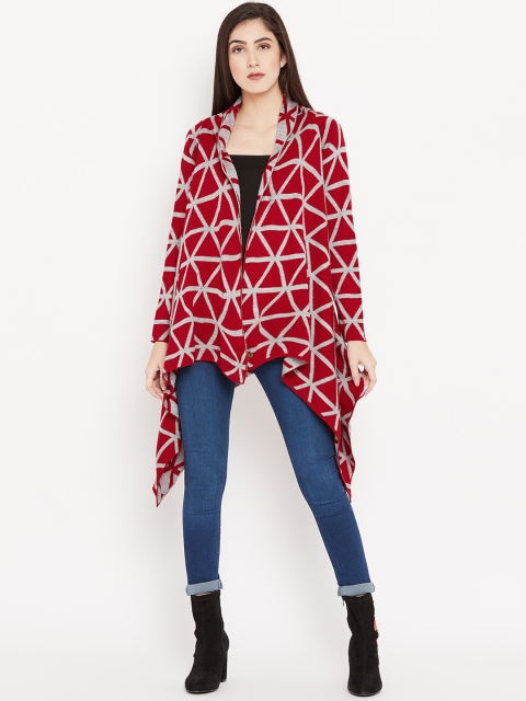 

Cayman Women Red & Grey Self-Design Woollen Front-Open Cardigan