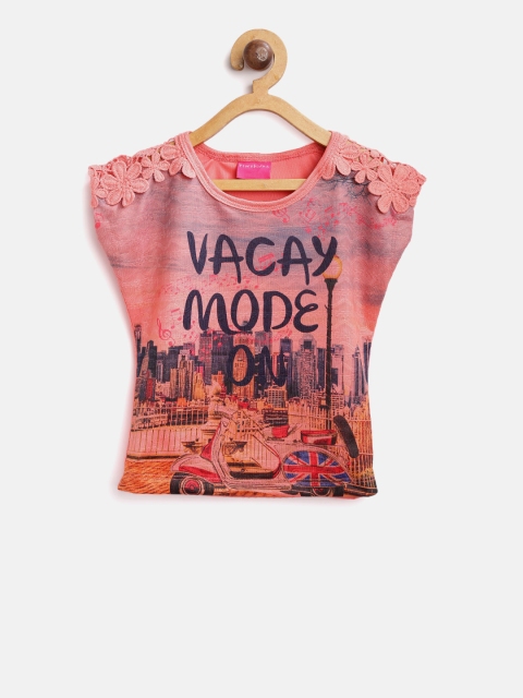 

Tiny Girl Peach-Coloured Printed Top with Crochet Detail