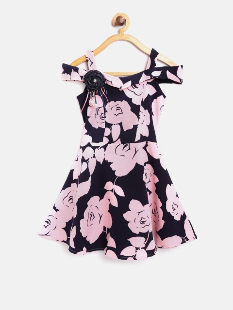 

Tiny Girl Peach-Coloured & Navy Blue Floral Print Fit & Flare Dress