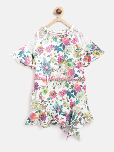 

Tiny Girl White & Green Floral Print A-Line Dress