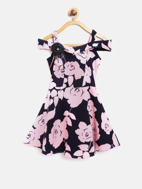 

Tiny Girl Navy Blue & Peach-Coloured Floral Print A-Line Dress