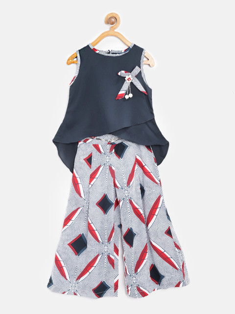 

Tiny Girl Navy Blue & White Solid High-Low Top with Palazzos