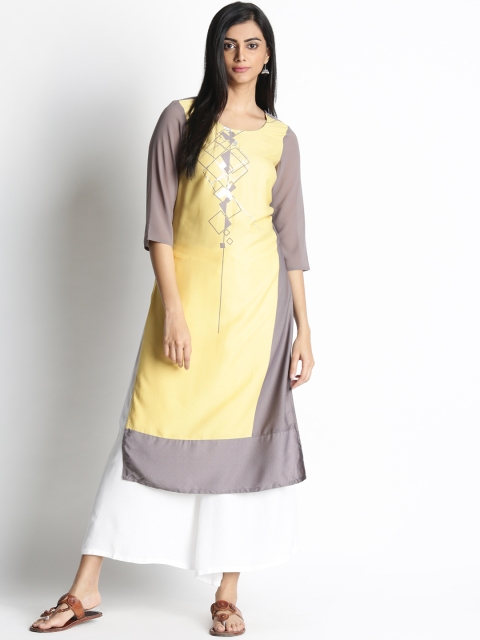 

RANGMANCH BY PANTALOONS Women Yellow & Grey Printed Straight Kurta