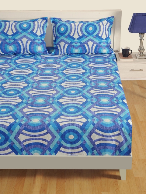 

SWAYAM Blue & Off-White Printed 160 TC Bedding Set