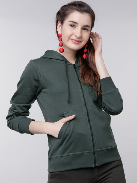 

Tokyo Talkies Women Olive Green Solid Hooded Sweatshirt