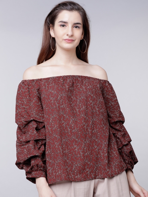 

Tokyo Talkies Women Maroon Printed Bardot Top