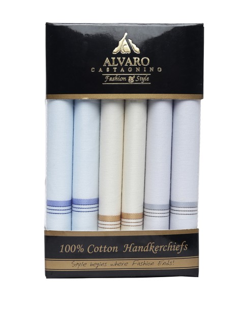 

Alvaro Castagnino Men Pack Of 6 Blue & Beige Striped Handkerchief Gift Set