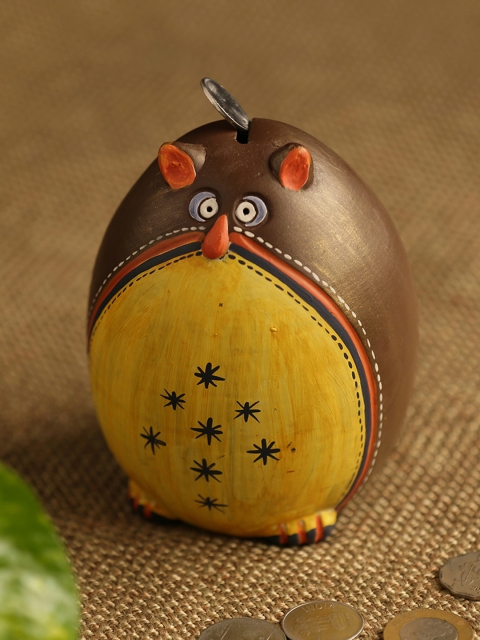 

ExclusiveLane Brown & Yellow Hand-Painted Owl-Shaped Terracotta Piggy Bank